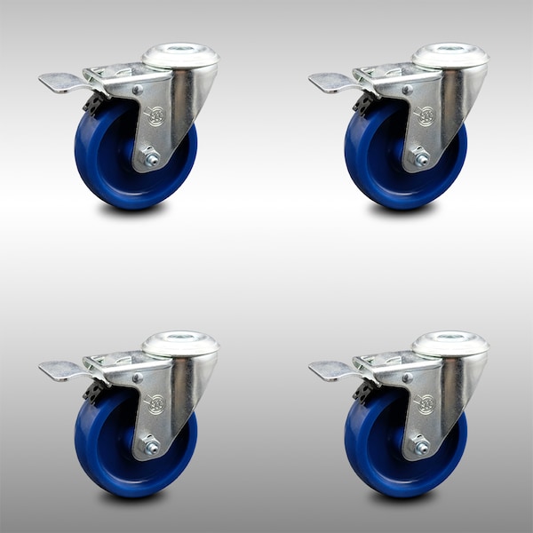 4 Inch SS Solid Polyurethane Swivel Bolt Hole Caster Set with Total Lock Brake